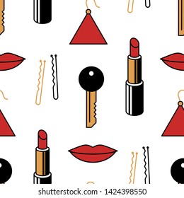 Seamless pattern of modern, fashionable things, lipstick, key, lips.