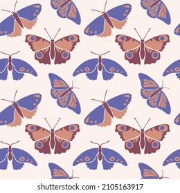 Seamless pattern in a modern flat art style of a butterfly collection. Wallpaper background with butterflies. Very Peri trendy color. 