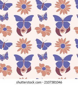 Seamless pattern in a modern flat art style of a butterfly and a woman. Wallpaper background with butterflies. Very Peri trendy color. 