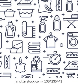 Seamless pattern with modern flat icons for laundry, dry cleaning, housekeeping services. Vector illustration.