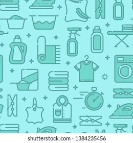 Seamless pattern with modern flat icons for laundry, dry cleaning, housekeeping services. Vector illustration.