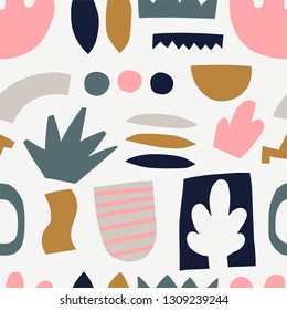 Seamless pattern with modern floral and abstract elements in fresh pastel colors. Vector illustration for card, print on clothes. Cut out style