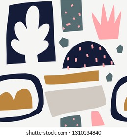Seamless pattern with modern floral and abstract elements in fresh pastel colors. Vector illustration for card, print on clothes. Cut out style