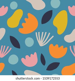Seamless pattern with modern floral and abstract elements in fresh pastel colors. Vector illustration for card, print on clothes. Cut out style