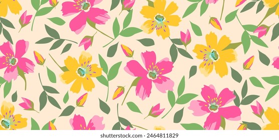 Seamless pattern, modern floral design for fabric, cotton, wallpaper, satin, gift wrap, carpet.