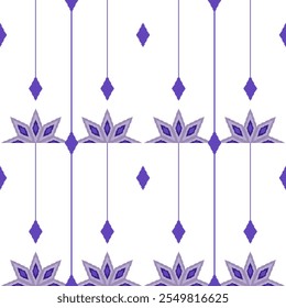 Seamless pattern, modern floral pixel graphic pattern decorated with straight lines that look like hanging ornaments. White background contrasts with purple lines, giving it a luxurious yet contempora