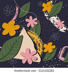Patrón inmaculado en un estilo floral moderno. Fondo con flores amarillas y rosas, con hojas verdes, puntos, líneas delgadas y manchas de colores. Diseño de arte moderno para papel, cubierta, tela, decoración interior.