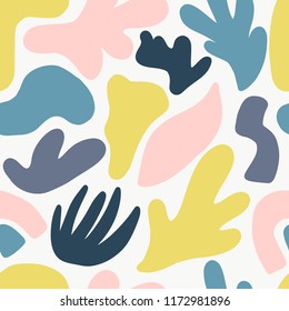 Seamless pattern with modern florel and abstract elements in fresh pastel colors. Abstract brushstroke background, colorful patter. 