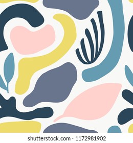 Seamless pattern with modern florel and abstract elements in fresh pastel colors. Abstract brushstroke background, colorful patter. 