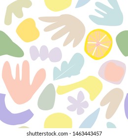 Seamless pattern with modern florel and abstract elements in fresh pastel colors. Abstract brushstroke background, colorful patter.