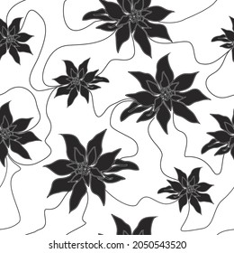 seamless pattern, modern flower of poinsettia, leaves. background  one line drawing in minimal style.  symbol of winter flowers (poinsettia). art  element for exotic poster, banner, Wallpaper, print. 