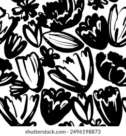 Seamless pattern with modern flowers print. Black and white background of silhouettes hand draw brush stroke.  Abstract  texture for fabric, wrapping, textile, wallpaper, apparel. Vector illustration 