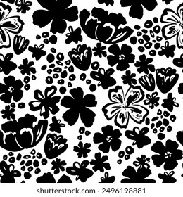 Seamless pattern with modern flowers print. Black and white background of silhouettes hand draw brush stroke.  Abstract  texture for fabric, wrapping, textile, wallpaper, apparel. Vector illustration 