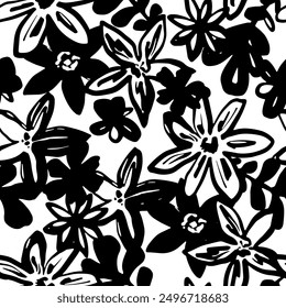 Seamless pattern with modern flowers print. Black and white background of silhouettes hand draw brush stroke. Abstract  texture for fabric, wrapping, textile, wallpaper, apparel. Vector illustration 