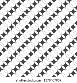 Seamless pattern. Modern geometrical texture with regularly repetition crossed outline circles, rhombuses. Trendy design. Contemporary background. Vector element of graphical design