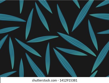 Seamless pattern. Modern seamless pattern with green and blue gradient tropical leaves in black background. Plant texture for fabric, interior, wrapping, wallpaper, packaging and paper.