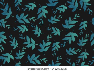 Seamless pattern. Modern seamless pattern with green and blue gradient plants in black background. Plant texture for fabric, interior, wrapping, wallpaper, packaging and paper.
