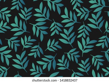 Seamless pattern. Modern seamless pattern with green and blue gradient leaves in black background. Plant texture for fabric, interior, wrapping, wallpaper, packaging and paper.