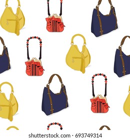 Seamless Pattern with Modern Hand Bag for woman isolated on white.