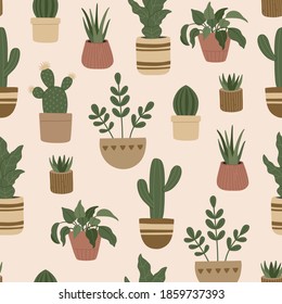 Patrón inmaculado de plantas de casa modernas, flores exóticas de moda dibujadas a mano en macetas, colorido doodle de estilo plano. Elementos de moda en tonos pastel, estilo hipster boho para el papel de envoltura y textiles