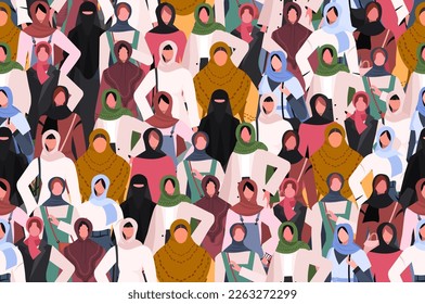 Nahtloses Muster mit modernen, unabhängigen muslimischen Frauen. Frauenarmut-Bewegungsmuster Internationaler Frauentag, Frauenrechte, Hijab-Tag.