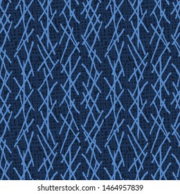 Seamless pattern. Modern indigo blue geometric hand drawn netting stripe. Repeating abstract background. Masculine monochrome geo. Trendy shirting design textile. All over print dyed vector swatch

