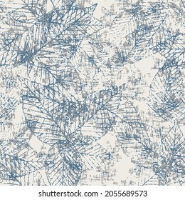 Nahtlose Muster des modernen Blattskizzastils. Federn blaues strukturiertes grafisches Blatt. Vektorgrafik einzeln auf weißem strukturiertem Hintergrund.