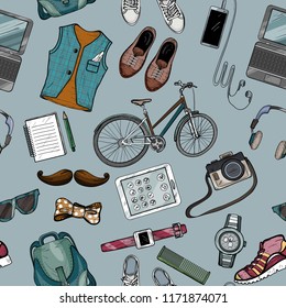 Seamless pattern of modern man accessory set