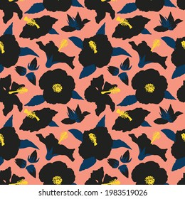 Seamless pattern with modern minimalist black hibiscus flowers, buds and leaves. On pink background. Stock vector illustration.