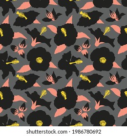 Seamless pattern with modern minimalist black hibiscus flowers, buds and leaves. On gray background. Stock vector illustration.