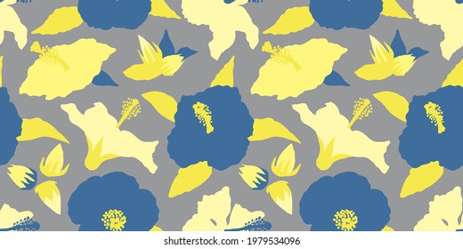 Seamless pattern with modern minimalist blue and yellow hibiscus flowers, buds and leaves. Stock vector illustration.