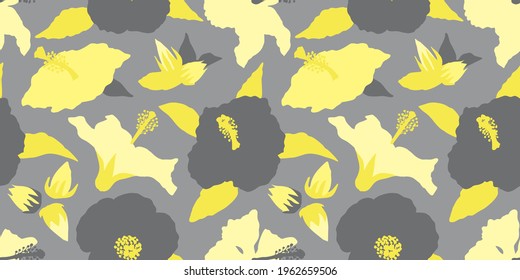 Seamless pattern with modern minimalist gray and yellow hibiscus flowers, buds and leaves. Stock vector illustration.