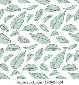 Seamless pattern with modern minimalist Turquoise line art leaves. Stock vector illustration.