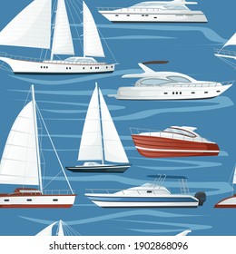 Seamless pattern of modern motor yacht boat with sails and motors vector illustration on blue background