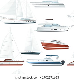 Seamless pattern of modern motor yacht boat with sails and motors vector illustration on white background