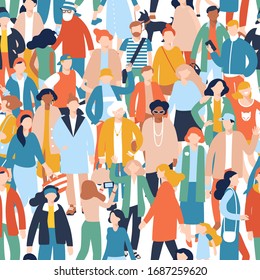 Seamless pattern. Modern multicultural society concept with crowd of people. Group of different people in community isolated on endless background