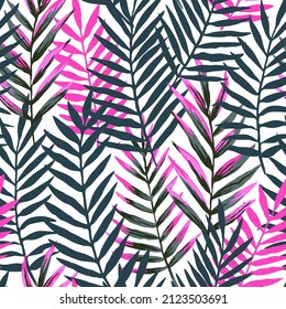 Seamless pattern with modern neon palm tropical leaves and plants for design and textile.