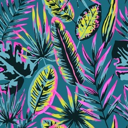Seamless Pattern With Modern Neon Tropical Leaves And Plants For Design And Textile.