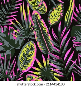 Seamless pattern with modern neon tropical leaves and plants for design and textile.