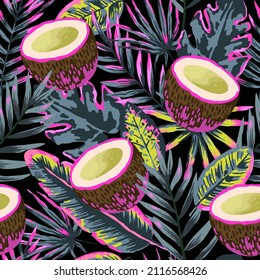 Patrón sin foco con hojas tropicales de neón modernas y cocos para el diseño y el textil.
