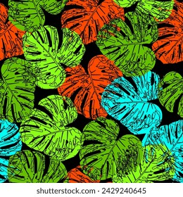Seamless pattern with modern neon tropical leaves and plants for design and textile. Abstract foliage botanical seamless background.