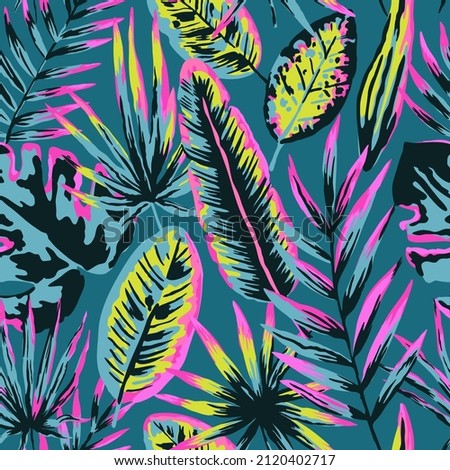 Seamless pattern with modern neon tropical leaves and plants for design and textile.