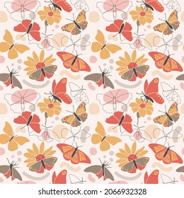Seamless pattern in a modern one line and flat art style of butterflies collection. Hand drawn continuous line art vector illustration. Continuous one line drawing.