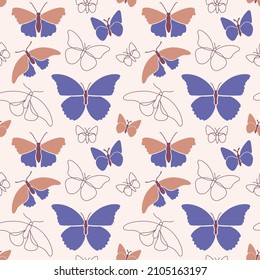 Seamless pattern in a modern one line and flat art style of butterflies collection. Hand drawn continuous line art vector illustration. Continuous one line drawing. Very Peri trendy color. 