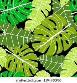 Seamless pattern modern ornament exotic plants. Leaves of monstera, alocasia and banana tree on a black background. Vector illustration for printing textile, wrapping paper, wallpaper, packaging.