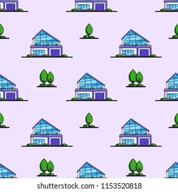 Seamless pattern with modern private houses, trees, clouds. Flat style line art illustration.