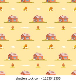 Seamless pattern with modern private houses, trees, clouds. Flat style line art illustration.