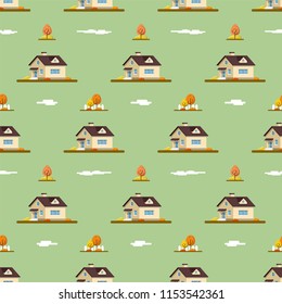 Seamless pattern with modern private houses, trees, clouds. Flat style line art illustration.