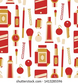 Seamless pattern of modern, refined items, cosmetics, jewelry.