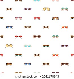 Seamless pattern with modern and retro sunglasses on white background. Repeating backdrop with rows of fashion women sun glasses. Endless texture with stylish trendy eyewear. Flat vector illustration